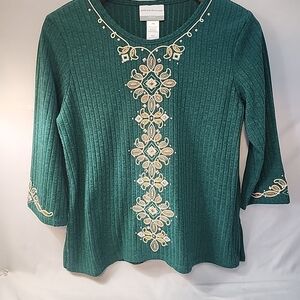 Alfred Dunner Green Ribbed Sweater Embroidered 3/4 Sleeve Stretch Round Neck PS